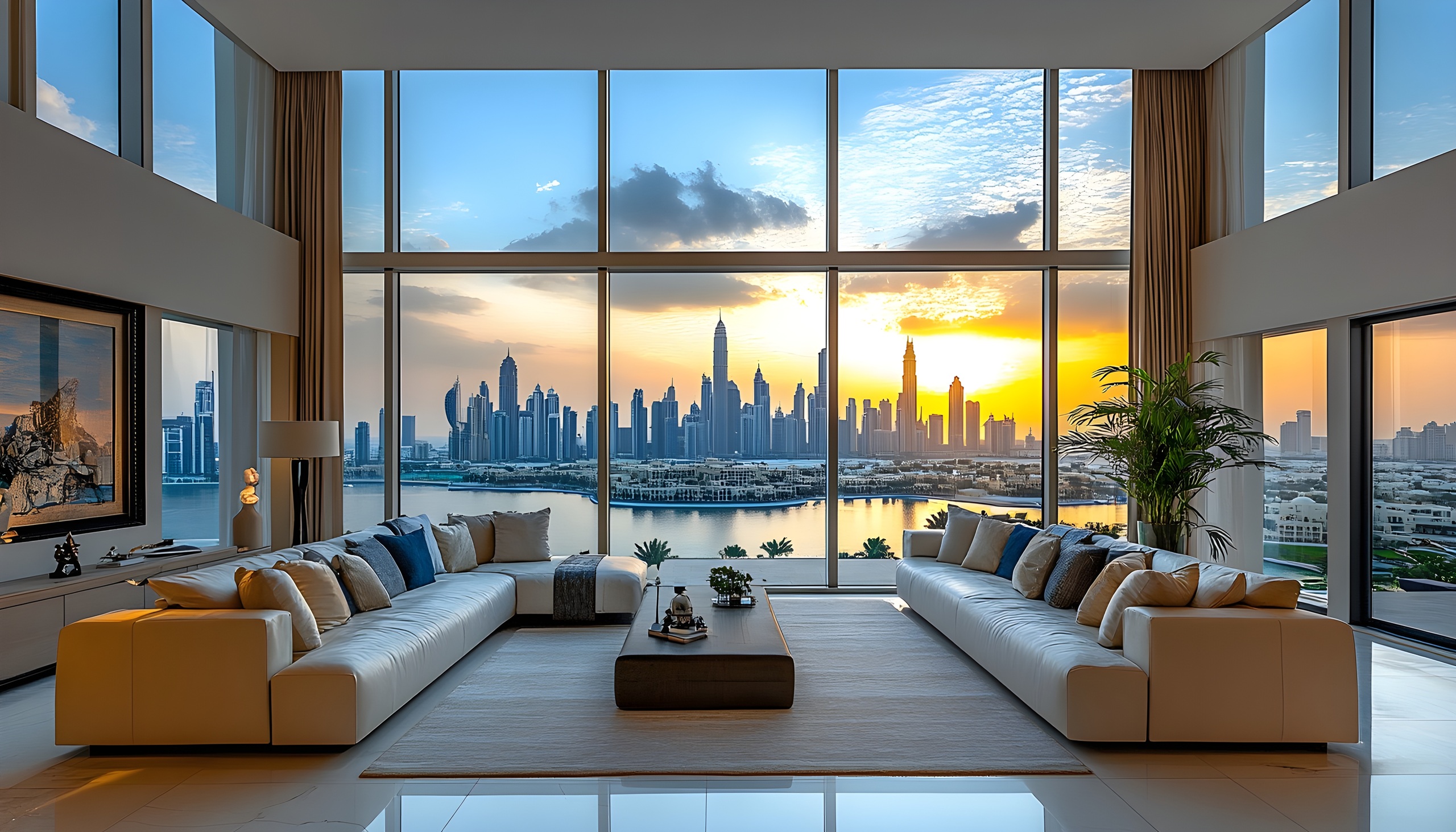 Modern luxury architecture in Dubai, stylish penthouse apartment with large balcony and swimming pool, scenic of city skyline with skyscraper at sunset, landmark iconic tower background. 3d modern art