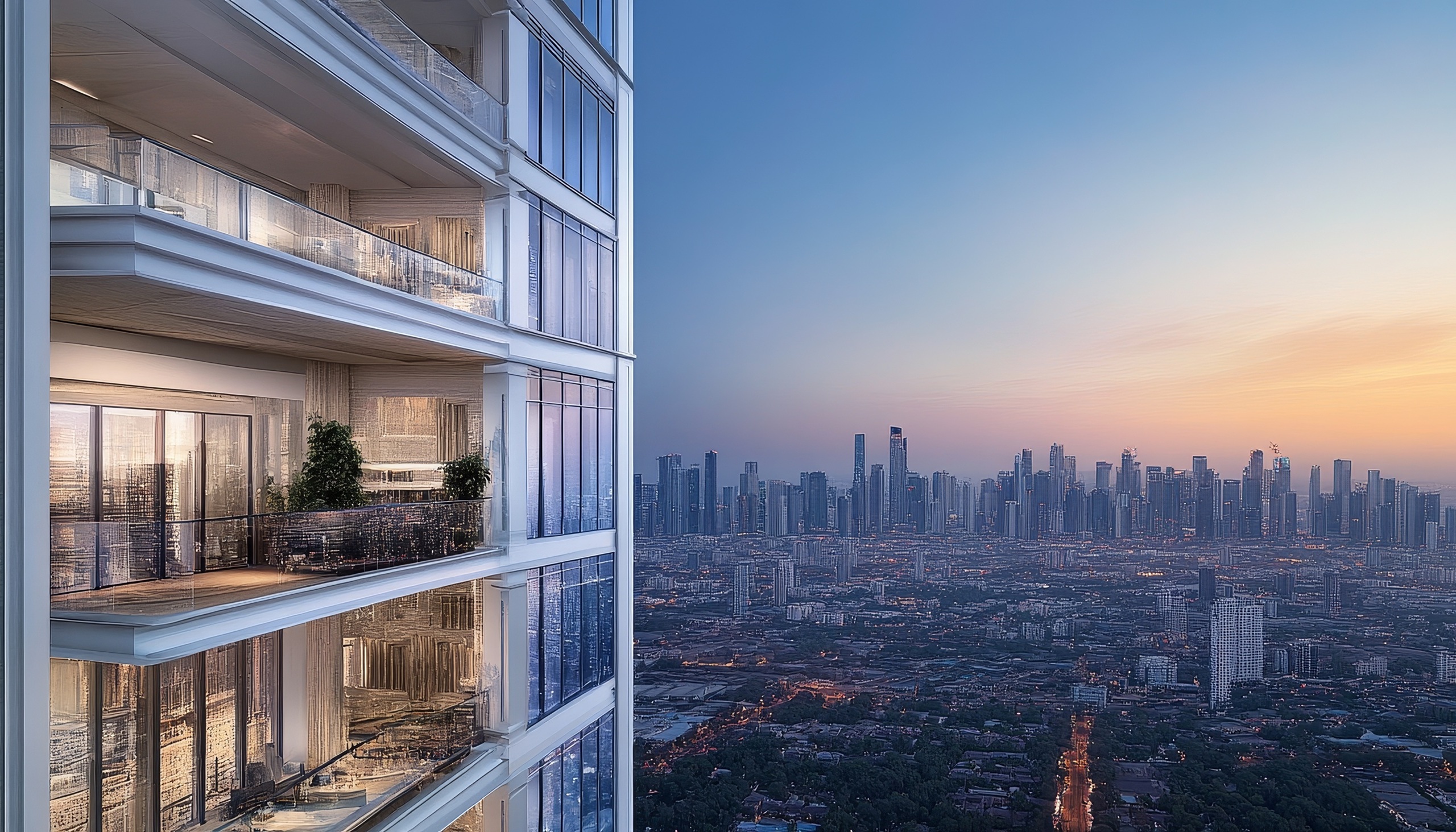Modern high-rise apartment building overlooking a cityscape at sunset