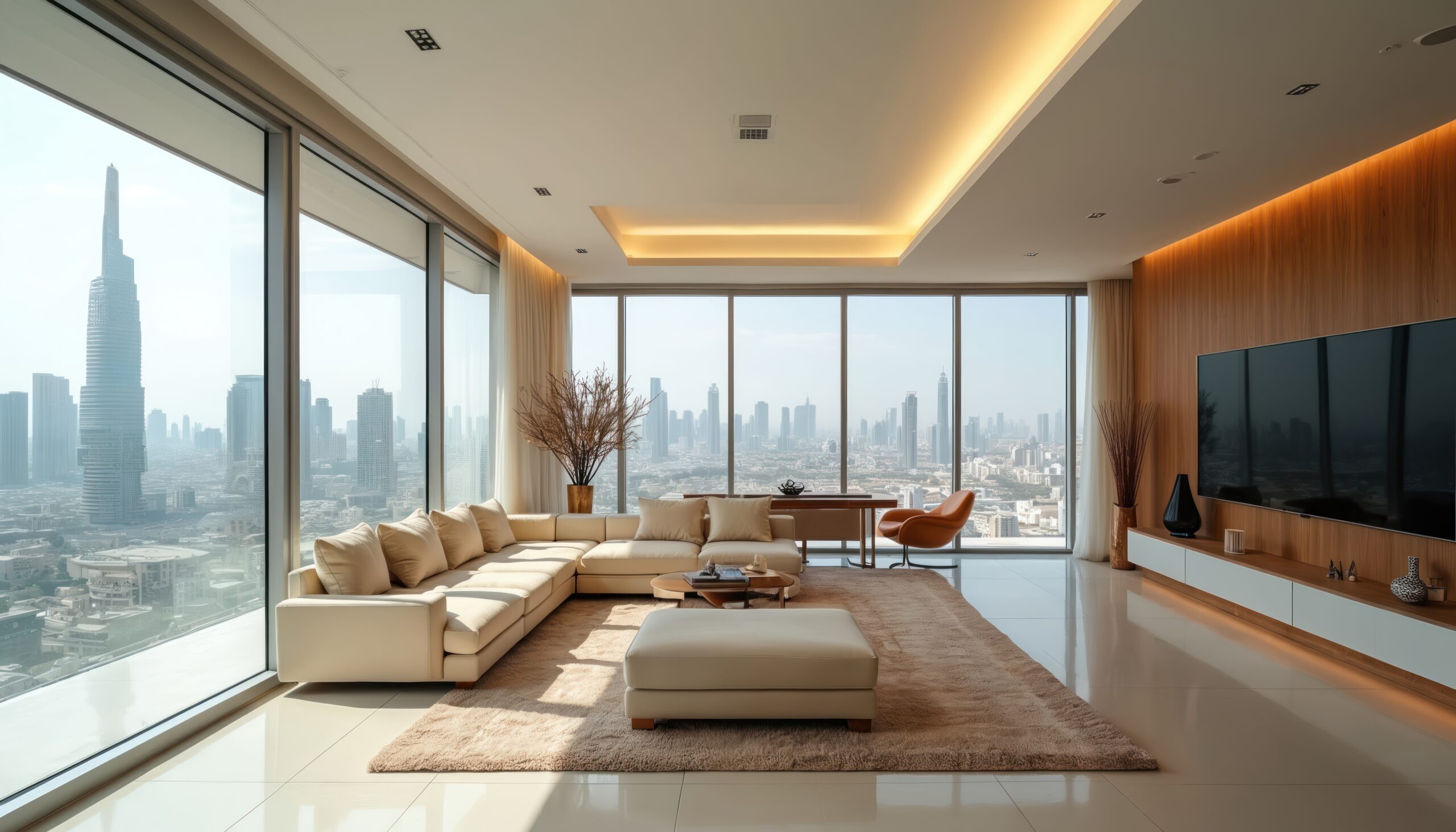Luxurious Dubai apartment living room with panoramic city views. Cream sofa, modern furniture in open space layout, large window. Bright, airy interior design contemporary urban home. Wealthy