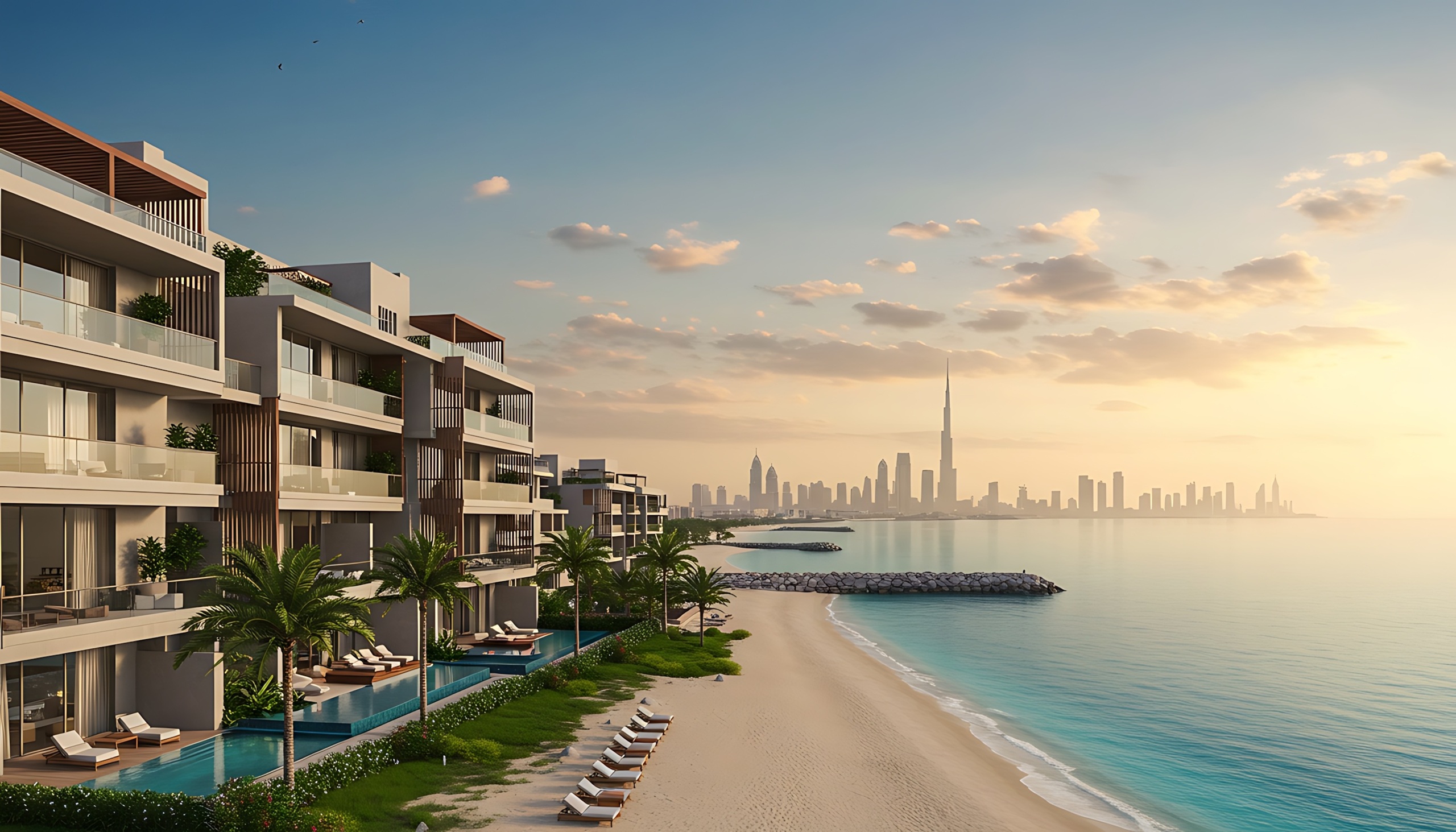 Beachfront residence with panoramic city views in Dubai showcasing modern elegance